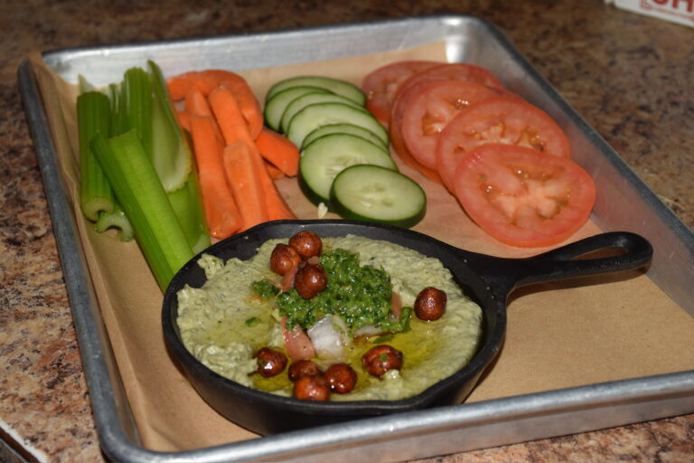 Southwest Hummus - southwest hummus, olive oil, pico, skug, crispy garbanzos, carrots, cucumber, tomato, celery